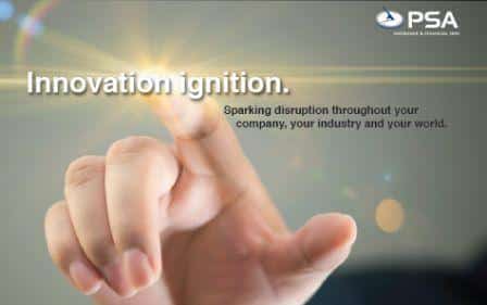Image of a pointing finger reading "innovation ignition" on PSA Insurance and Financial Services' website