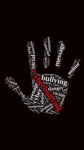 Image of a handprint made of various words related to cyberbullying
