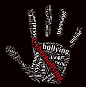 Image of a handprint made of various words related to cyberbullying