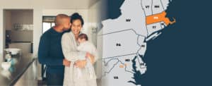 Image of a family with a graphic map of the United States with Massachussetts colored orange on PSA Insurance & Financial Services' website