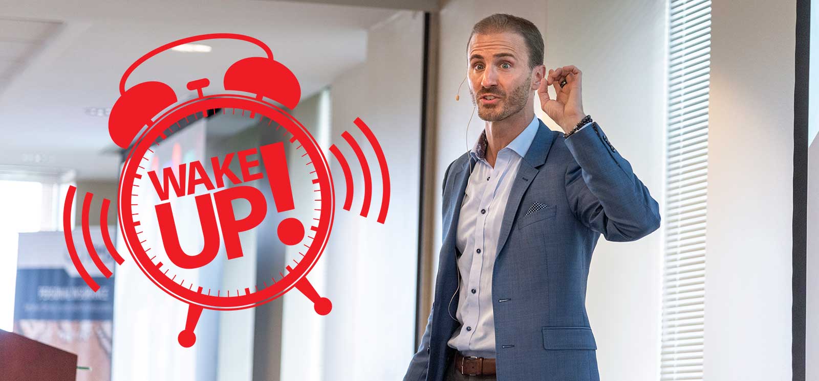A man with a "wake up" graphic on PSA Financial's website