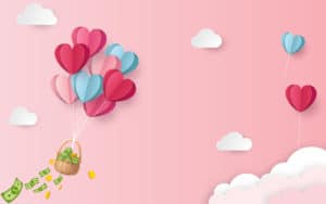 Pink background with heart balloons and a basket dropping money on PSA Financial's website