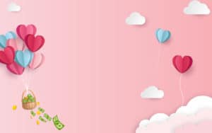 Pink background with heart balloons and a basket dropping money on PSA Financial's website