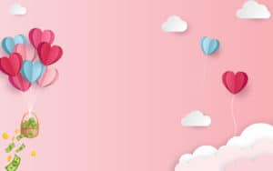 Pink background with heart balloons and a basket dropping money on PSA Financial's website