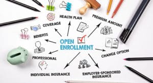 Graphic reading "open enrollment" on PSA Insurance & Financial Services' website