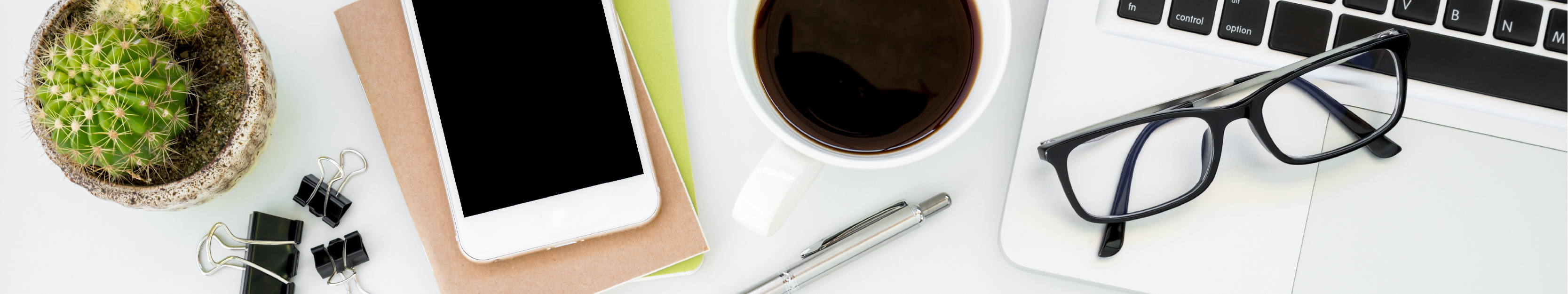 Image of glasses, a phone, a pen, a succulent and a cup of coffee on a desk with a laptop
