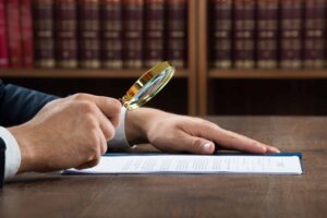 Image of a person reading a document with a magnifying glass